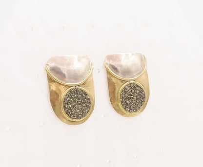 925 Sterling Silver Vintage Earrings Gold Plated Designer Dented Effect  EG13040