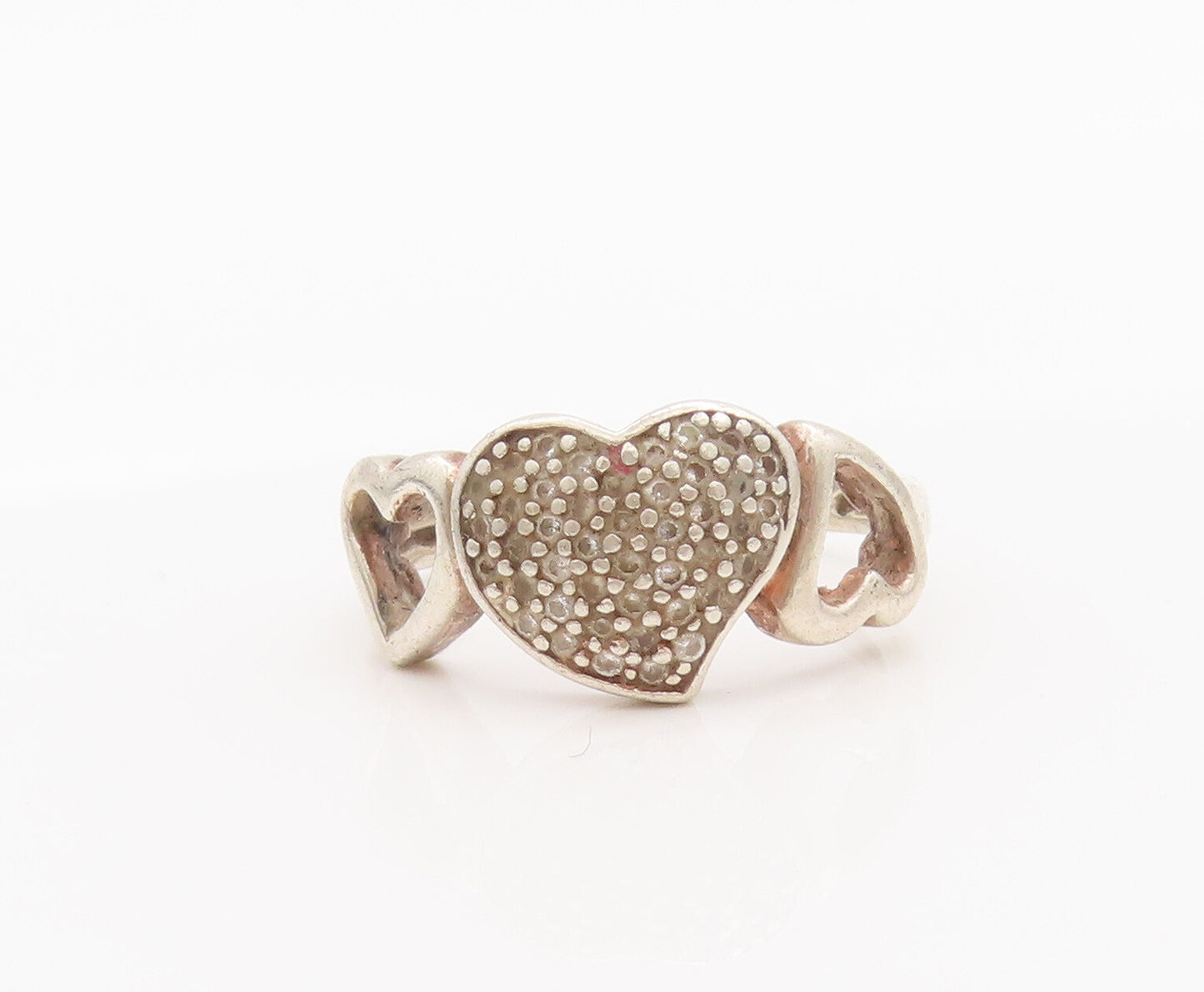 925 Sterling Silver Vintage Ring Swirly Carved Hearts Beaded Topaz Sz 7  RG27707