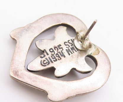 925 Sterling Silver Vintage Earrings MMA Dark Tone Floral Heart Studs  EG13668