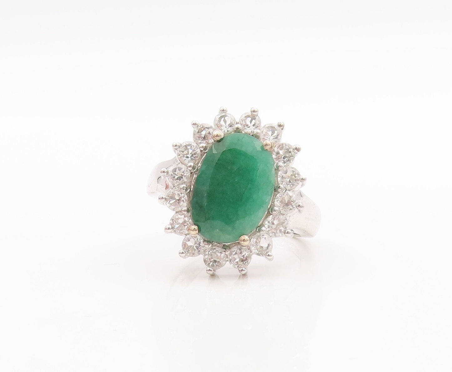 925 Sterling Silver Vintage Ring Green Gemstone Halo Topaz Flower  Sz 9  RG29539