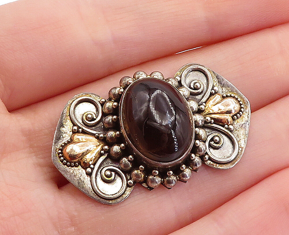 BALI 925 Sterling Silver  Vintage Cabochon Cut Smoky Topaz Brooch Pin  BP1907