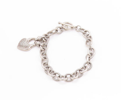 925 Sterling Silver Vintage Bracelet Roped Rings Dangling Diamonds Heart BT11250