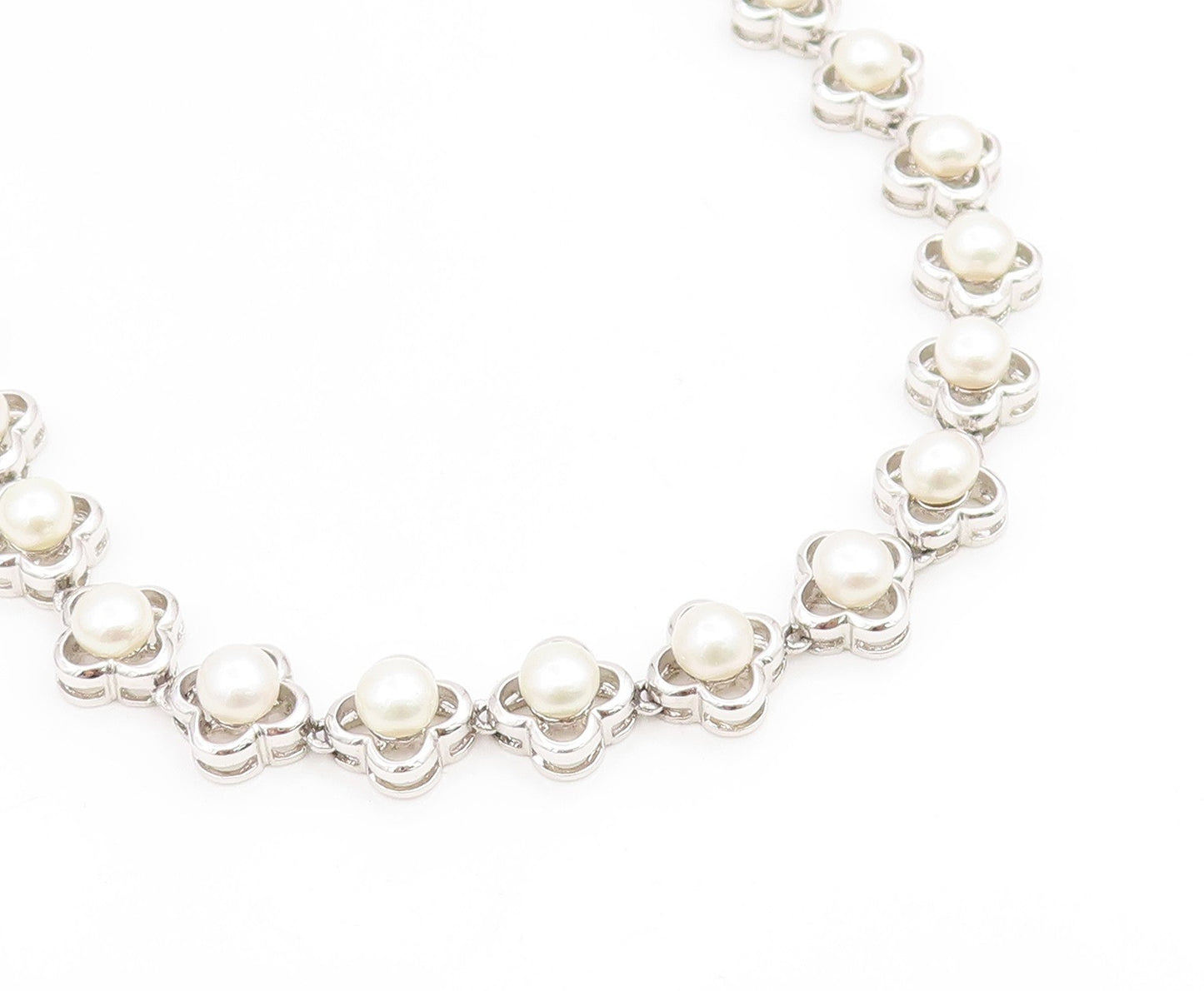 925 Sterling Silver Vintage Necklace White Pearl Elegant Floral Chain  NE4811
