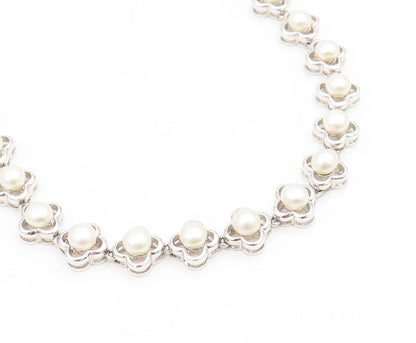 925 Sterling Silver Vintage Necklace White Pearl Elegant Floral Chain  NE4811