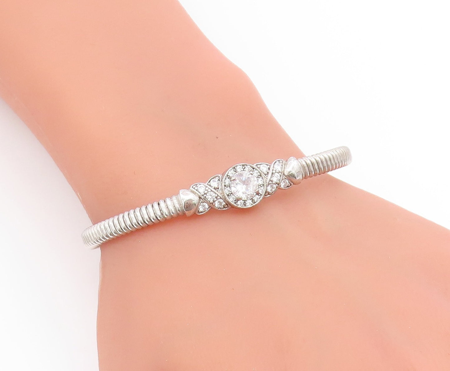 925 Sterling Silver Vintage Bracelet Elegant CZ Crossover Swirl Cuff  BT11887