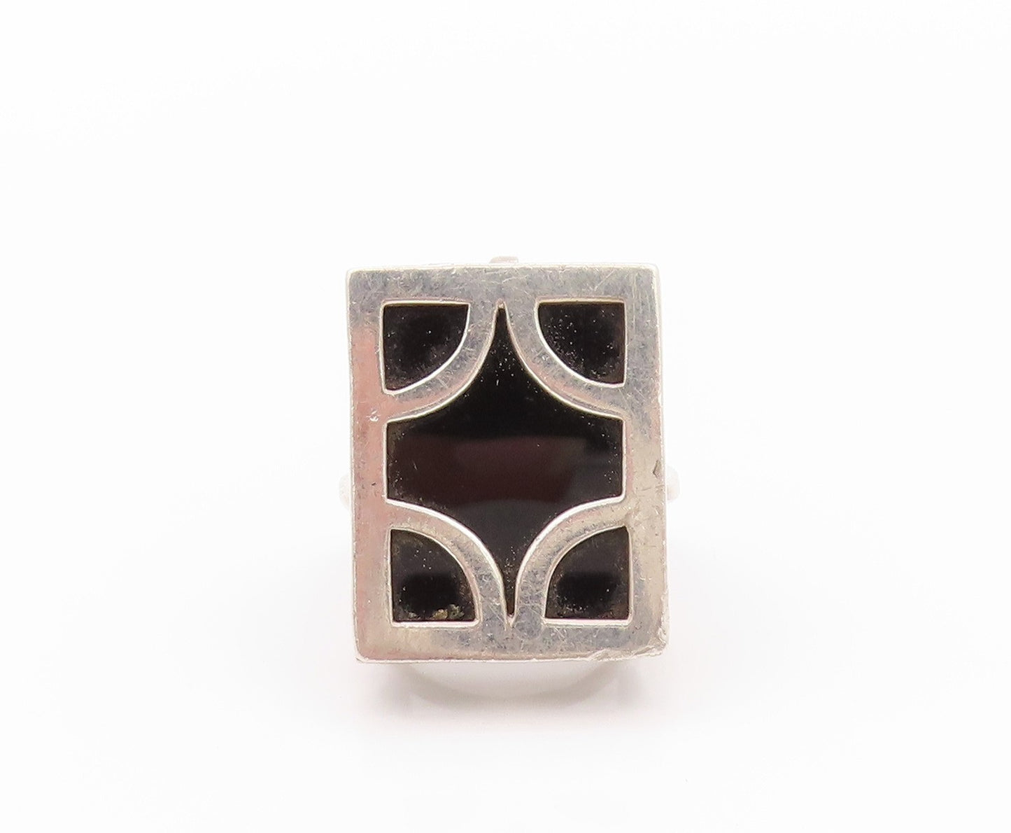 925 Sterling Silver Vintage Ring Rectangle Onyx Carved Framed  Sz 6.5  RG32627