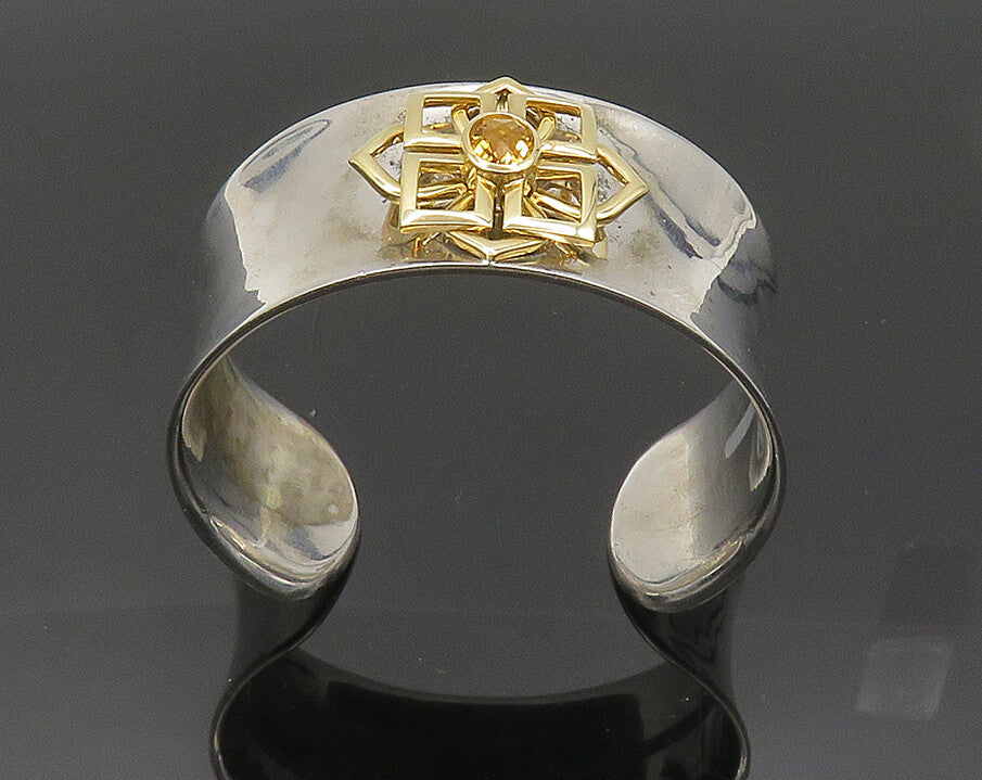 925 Sterling Silver & 14K GOLD Vintage Real Citrine Floral Cuff Bracelet  BT8093
