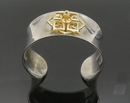 925 Sterling Silver & 14K GOLD Vintage Real Citrine Floral Cuff Bracelet  BT8093