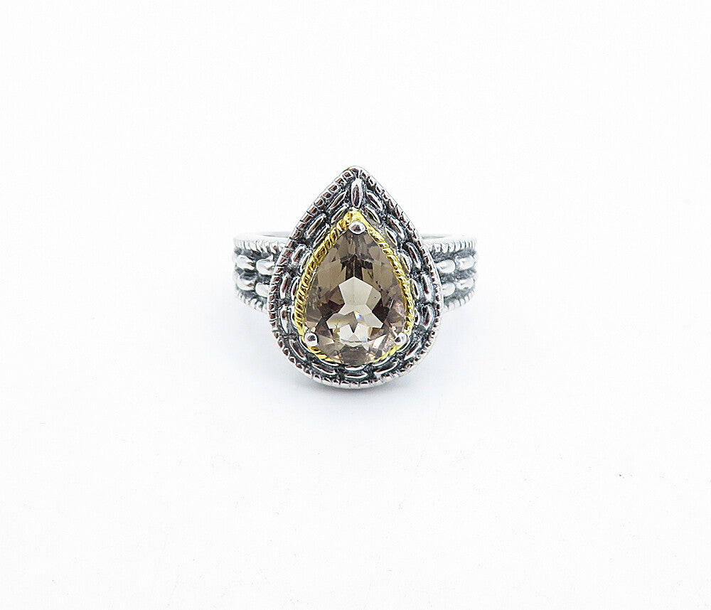 925 Silver & 18K GOLD  Tear Drop Smoky Topaz Twist Solitaire Ring Sz 5  RG3944