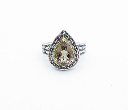 925 Silver & 18K GOLD  Tear Drop Smoky Topaz Twist Solitaire Ring Sz 5  RG3944