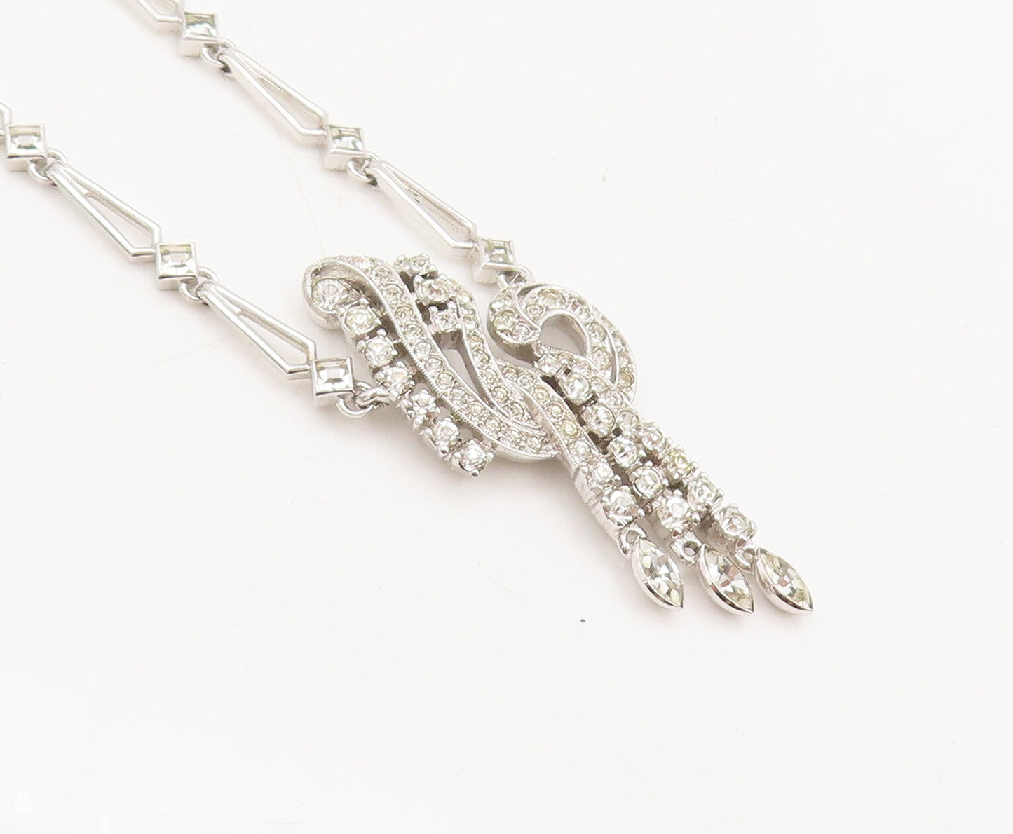 925 Sterling Silver  Vintage Swirly Rhinestone Musical Note Necklace  NE4076