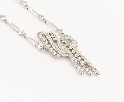 925 Sterling Silver  Vintage Swirly Rhinestone Musical Note Necklace  NE4076