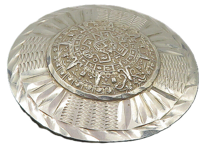 MEXICO 925 Sterling Silver  Vintage Mayan Aztec Sun Calendar Brooch Pin BP3744