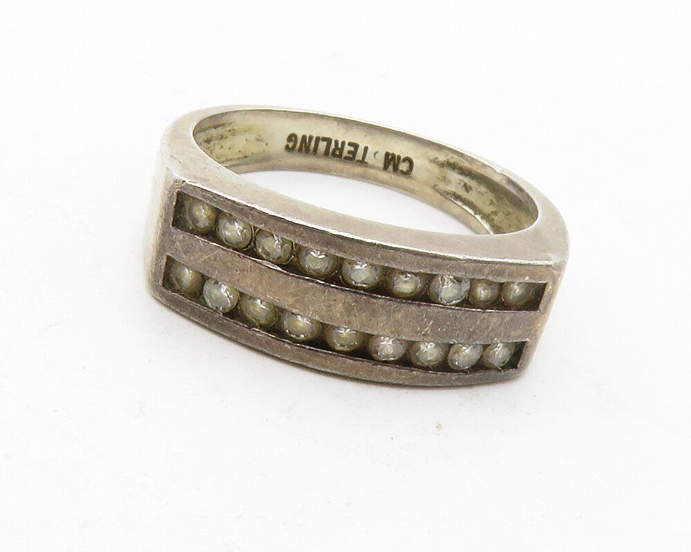 925 Sterling Silver  Vintage Topaz Dark Tone Square Band Ring Sz 7  RG13643