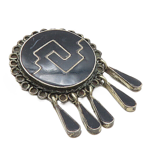 YM MEXICO 925 Sterling Silver  Vintage Black Onyx Dangling Brooch Pin  BP3402
