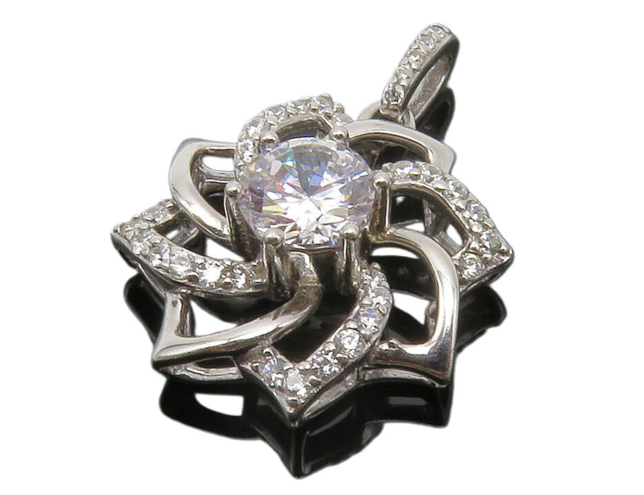 925 Sterling Silver  Shiny Cubic Zirconia Open Flower Motif Pendant  PT10434