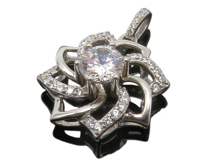 925 Sterling Silver  Shiny Cubic Zirconia Open Flower Motif Pendant  PT10434