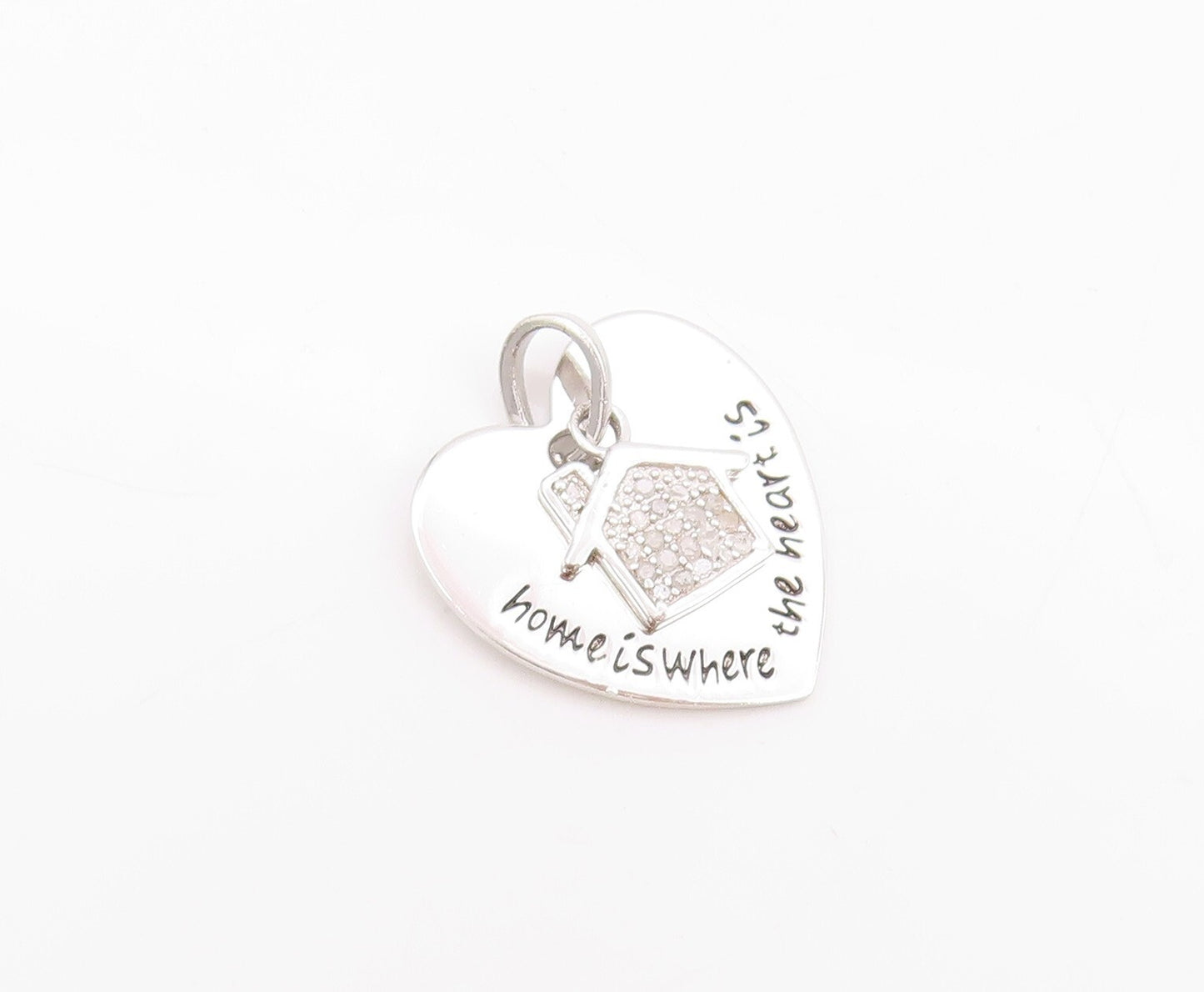 925 Sterling Silver Vintage Pendant Diamonds Inlay Home Carved Heart  PT23902