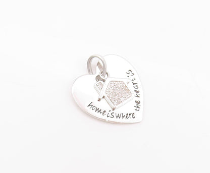925 Sterling Silver Vintage Pendant Diamonds Inlay Home Carved Heart  PT23902
