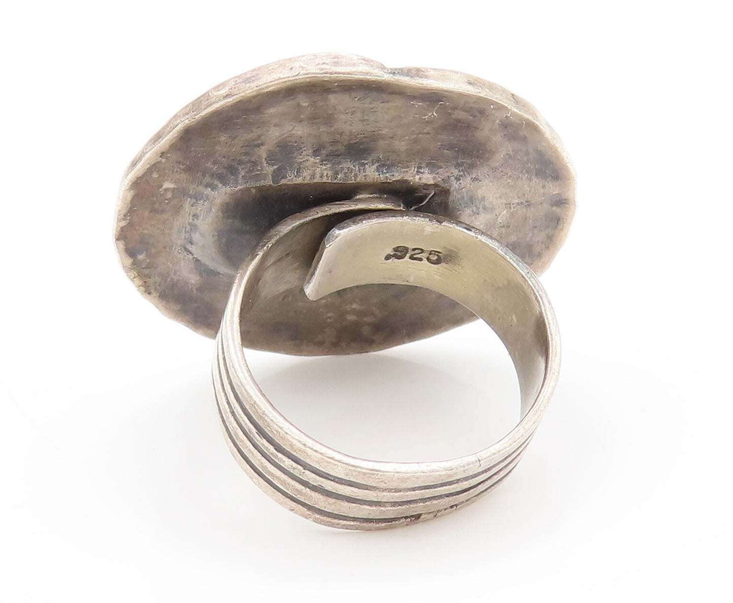 925 Silver  Vintage Dented Carved Large Round Adjustable Ring Sz 9.25  RG27050