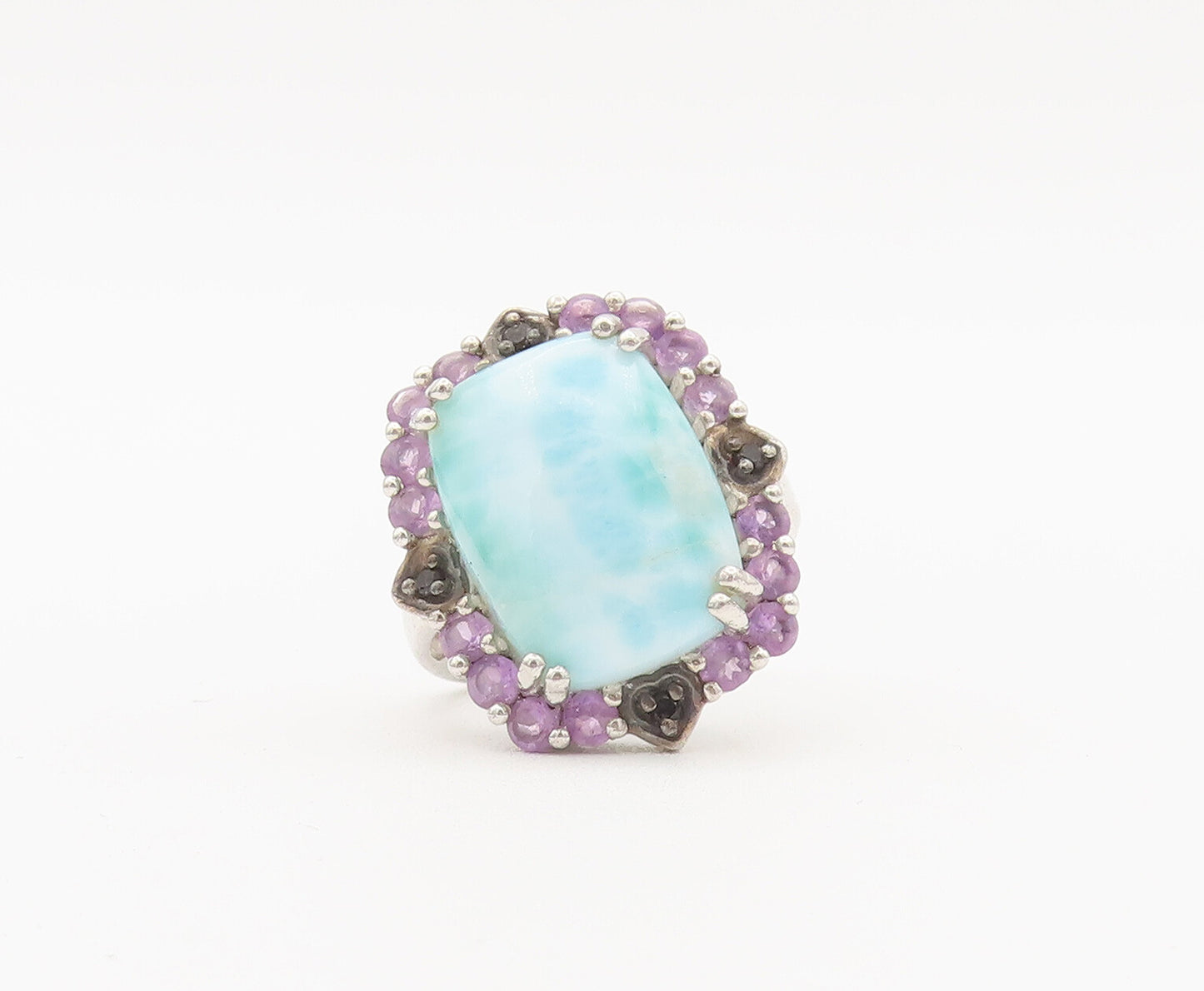 925 Sterling Silver Vintage Ring Larimar Halo Amethyst Sapphire Sz 6  RG27906