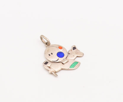 925 Sterling Silver Vintage Pendant Enameled Smiling Sun On Aeroplan  PT23130