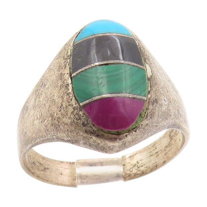 925 Sterling Silver Vintage Ring Multi Gemstone Inlay Band  Sz 9.5  RG34618