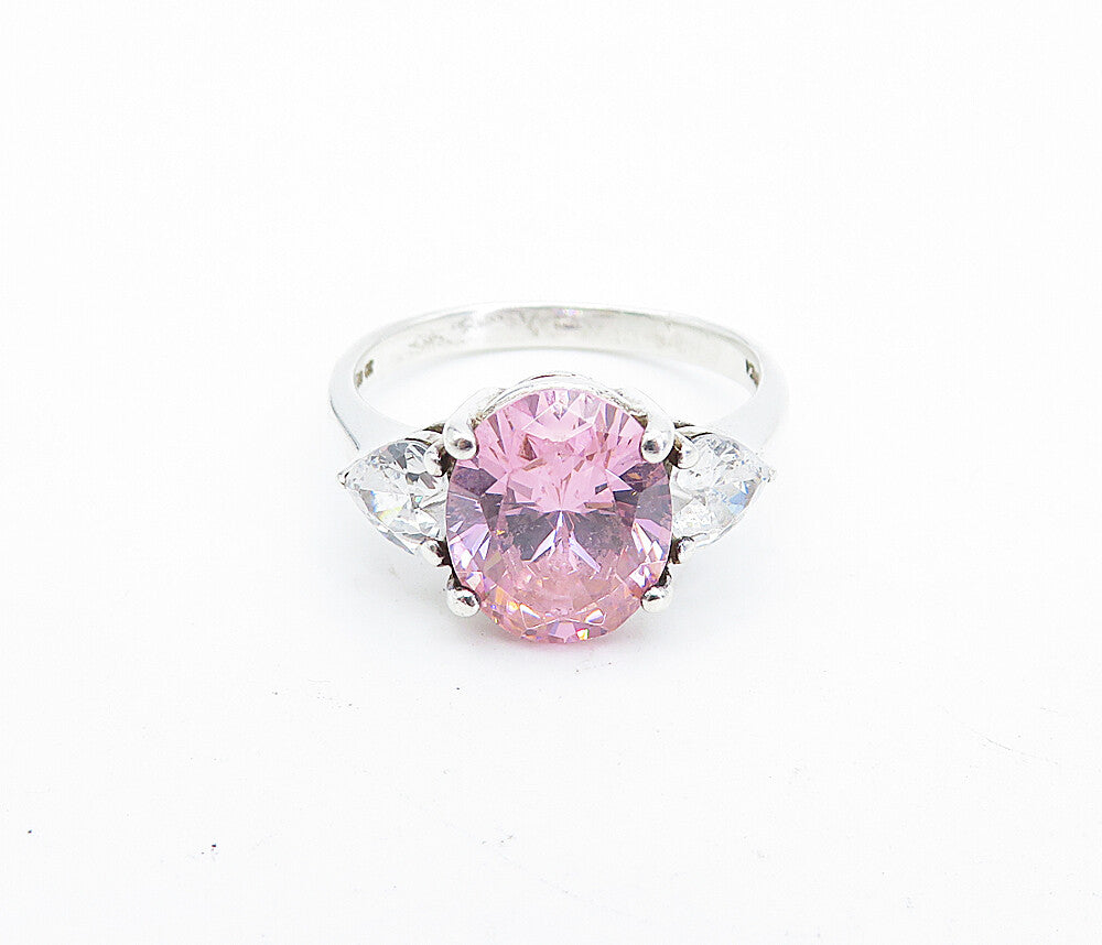 KOREA 925 Sterling Silver  Vintage Pink Cubic Zirconia Band Ring Sz 9  RG5440
