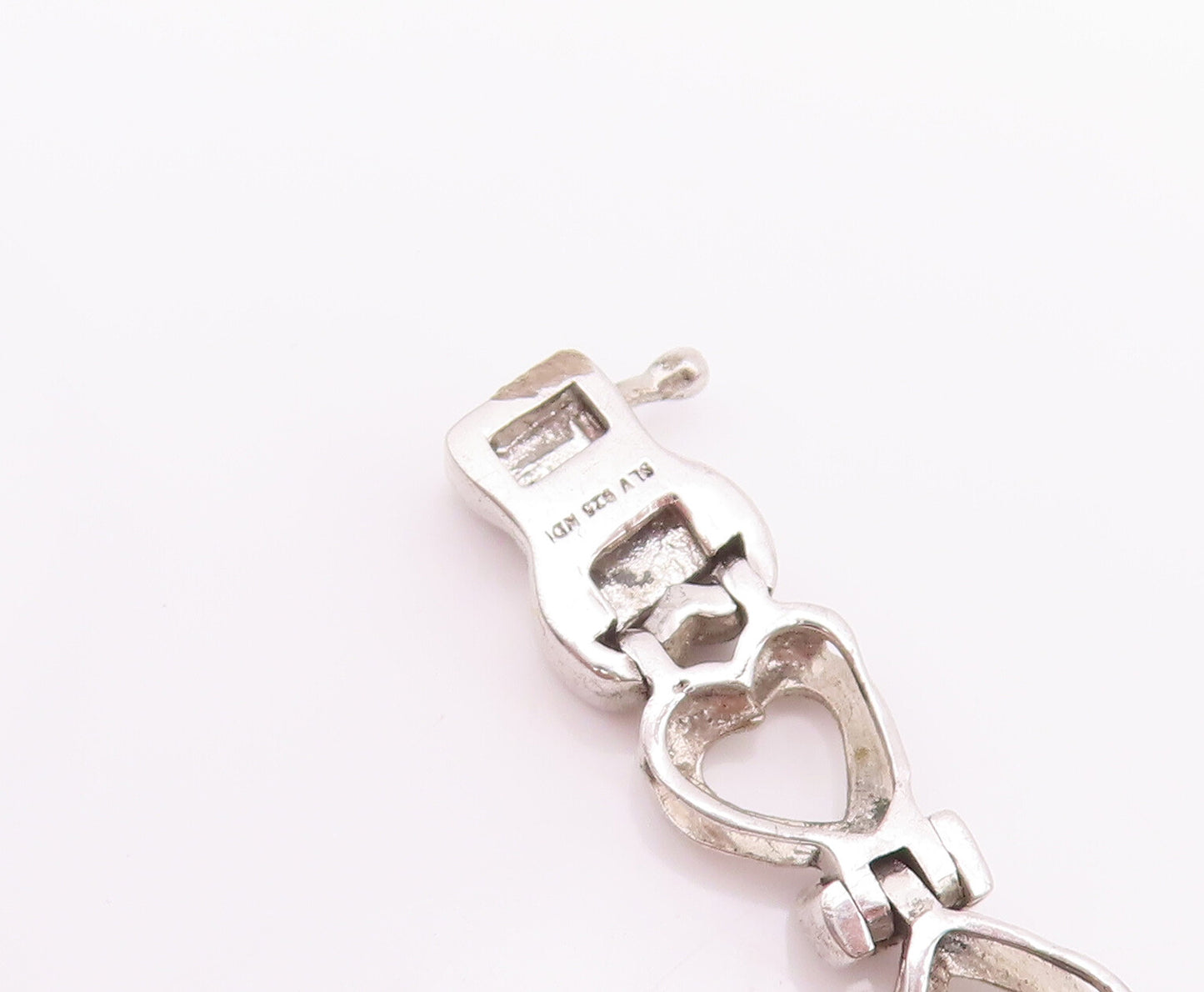 925 Sterling Silver Vintage Bracelet Cutout Real Diamonds Linked Hearts  BT10532