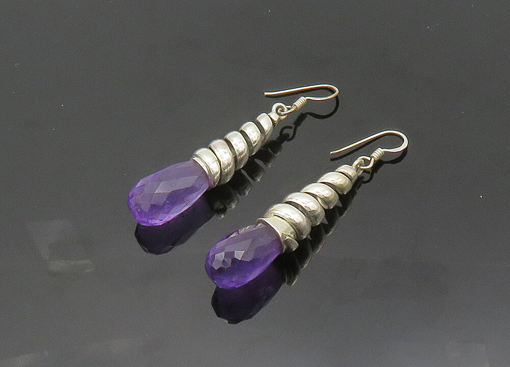 925 Sterling Silver  Vintage Faceted Amethyst Shiny Rain Drop Earrings  EG9913