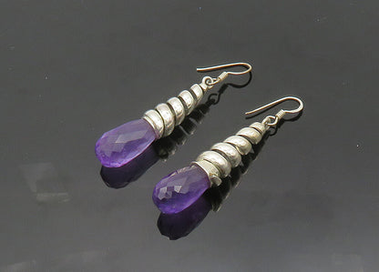 925 Sterling Silver  Vintage Faceted Amethyst Shiny Rain Drop Earrings  EG9913