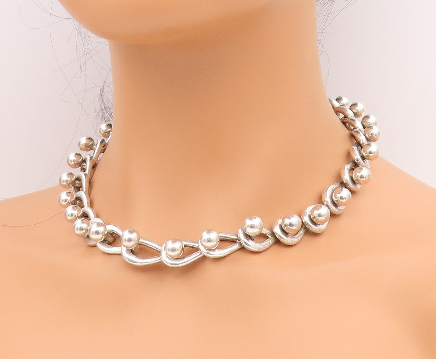 925 Sterling Silver Vintage Necklace Interlocking Bead Loop Link Heavy  NE4841
