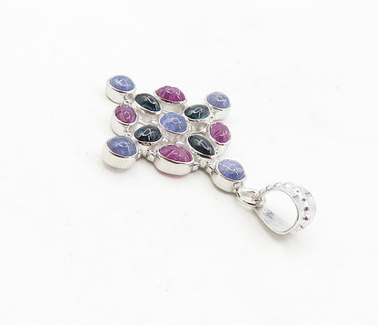 925 Sterling Silver  Cabochon Cut Amethyst & Topaz Cluster Pendant  PT6494