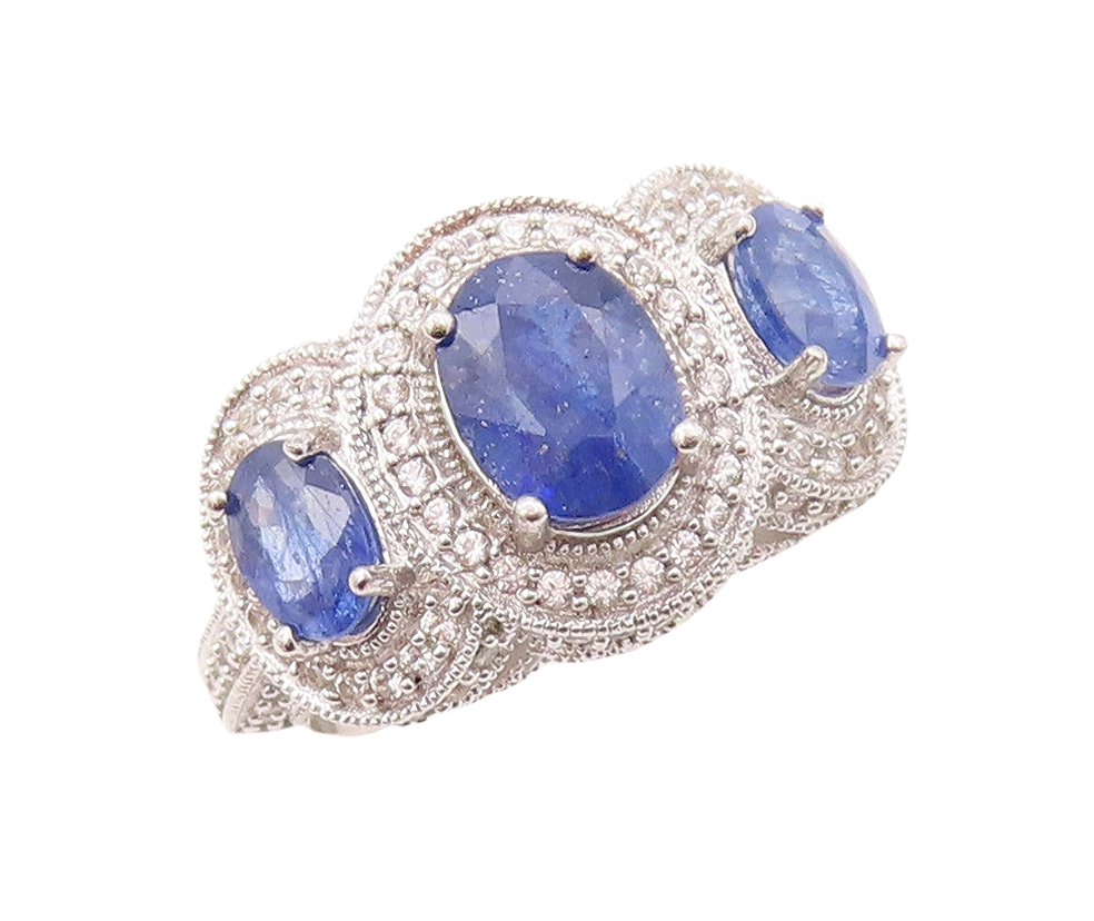 925 Sterling Silver Vintage Ring Oval Sapphire Halo CZ Inlay  Sz 7.5  RG30914