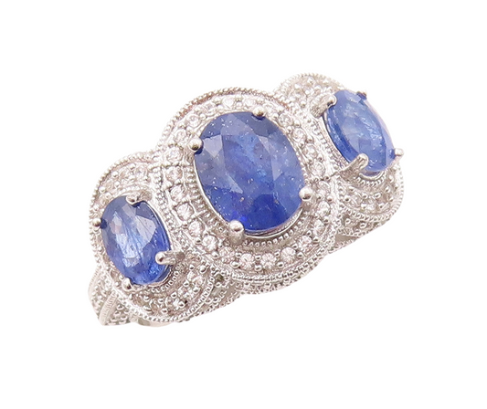 925 Sterling Silver Vintage Ring Oval Sapphire Halo CZ Inlay  Sz 7.5  RG30914
