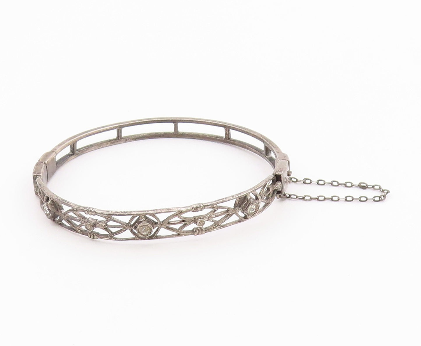 925 Sterling Silver Vintage Geometric Cutout Topaz Bangle Bracelet BT9383