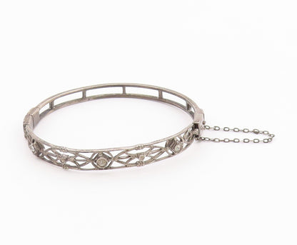925 Sterling Silver Vintage Geometric Cutout Topaz Bangle Bracelet BT9383