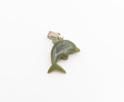 925 Sterling Silver  Vintage Dolphin Shaped Jade Petite Pendant  PT18135