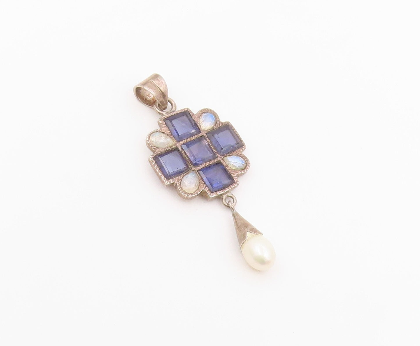 925 Sterling Silver Vintage Pendant Multi Gemstone Geometric Cross  PT26314