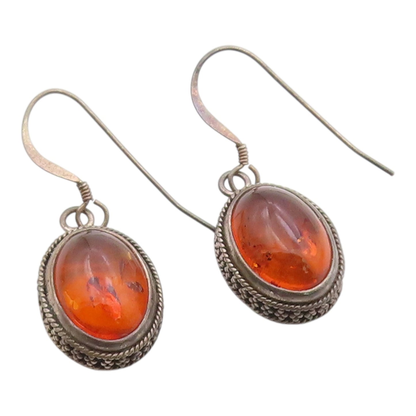 925 Sterling Silver Vintage Earrings Oval Cabochon Honey Amber Dangle  EG14377