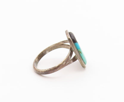 925 Sterling Silver Vintage Ring Modernist Turquoise & Onyx  Sz 7.5  RG36571