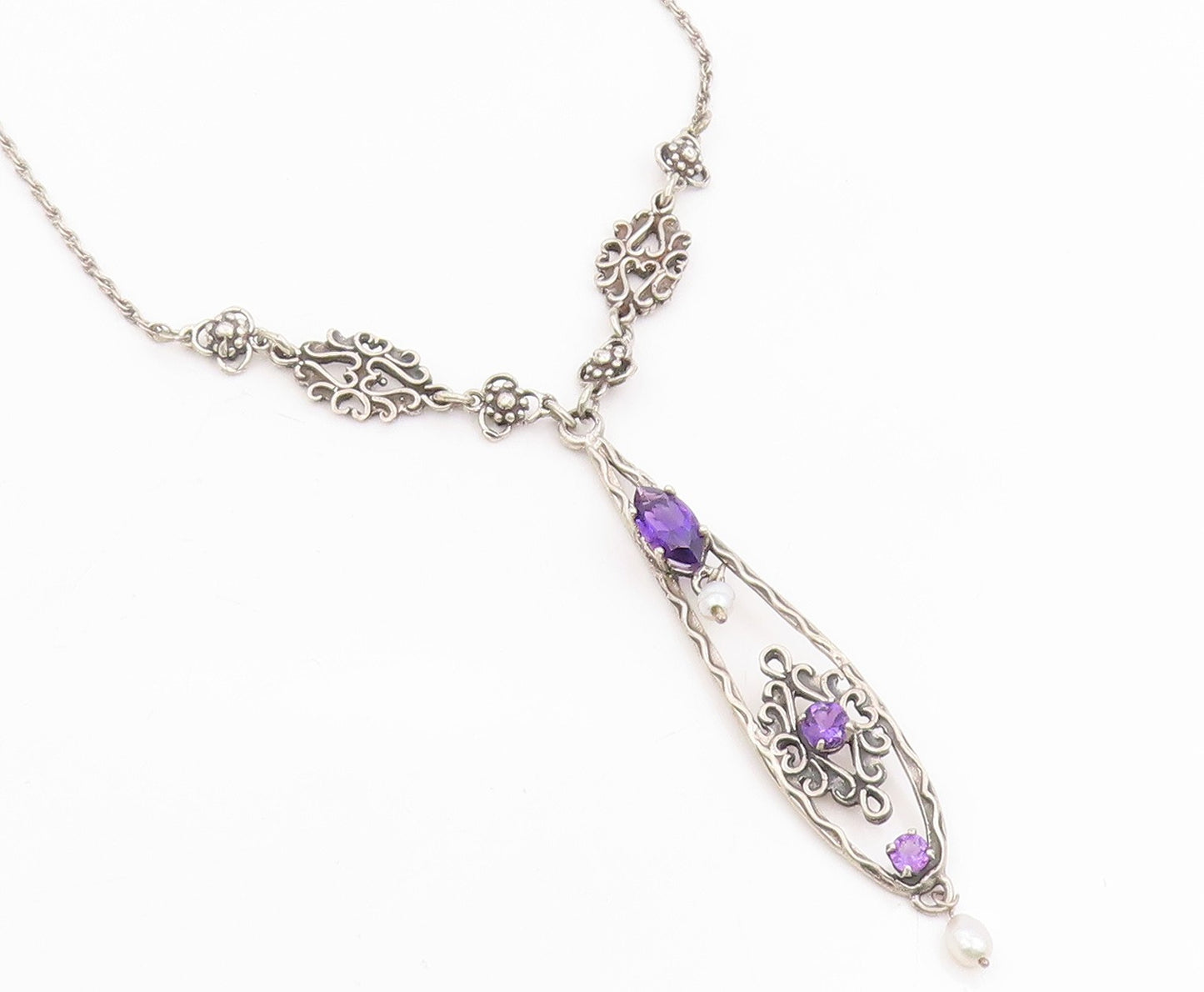 925 Sterling Silver Vintage Necklace Purple Amethyst & Pearl Floral Drop  NE4756