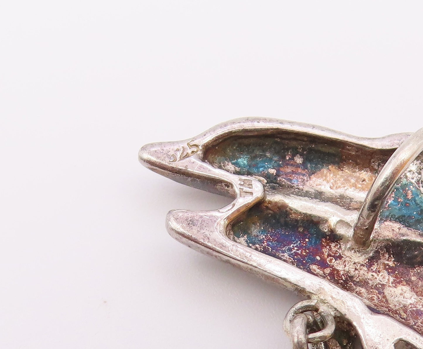 925 Sterling Silver  Vintage White Topaz Wand Double Dolphins Pendant  PT15846