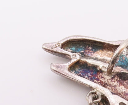 925 Sterling Silver  Vintage White Topaz Wand Double Dolphins Pendant  PT15846