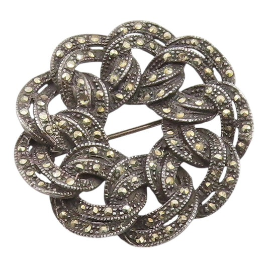 925 Sterling Silver Vintage Brooch Pin Marcasite Interlocking Circles  BP12435