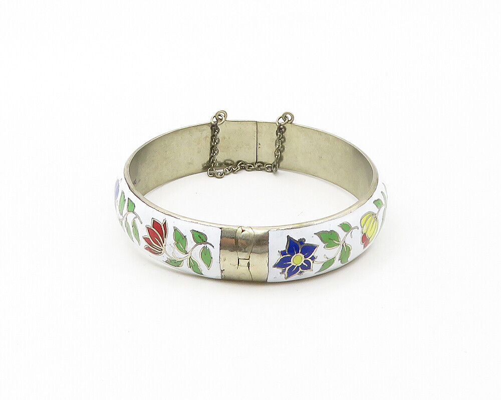 SIAM 925 Sterling Silver  Vintage Enamel Floral Detail Bangle Bracelet  BT6885