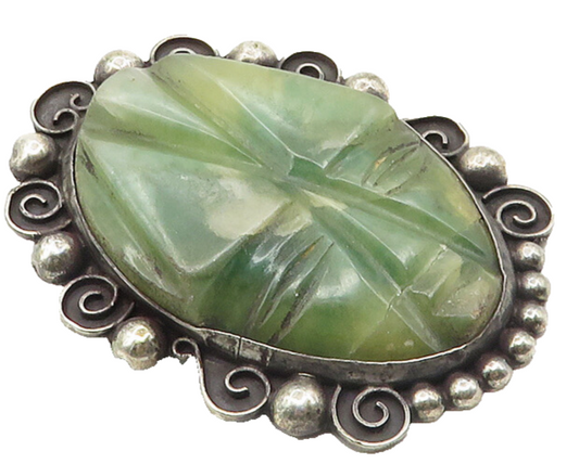 MEXICO 925 Sterling Silver  Vintage Antique Face Carved Jade Brooch Pin BP3848