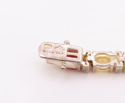 925 Sterling Silver Vintage Bracelet Oval Cut Multi Gemstone Link Chain  BT11461