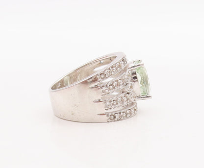 925 Sterling Silver Vintage Ring Oval Green Amethyst Split CZ Band Sz 7  RG29167