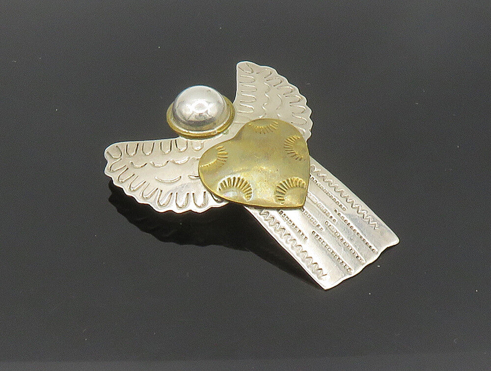 925 Sterling Silver  Vintage Two Tone Love Heart Angel Brooch Pin  BP9297